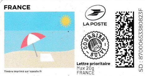 Stamp, Radiant Sun forecast for the beach. Redesign. Courrier Suivi, France,  , Beaches, Summer, Umbrellas, Weather