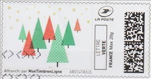 Stamp, Seven red and green fir trees, France,  , Christmas, Stylized Plants, Trees