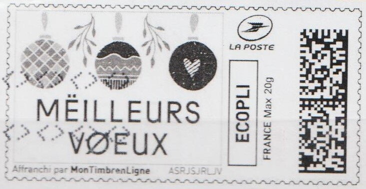 Three Baubles. Best Wishes. Meilleurs Voeux in black