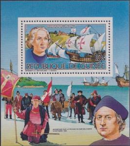Souvenir Sheet, Christopher Columbus (1451-1506) departing from Palos, 1492, Guinea,  , Explorers, Famous People, Sailing Ships, Ships
