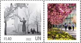 Stamp with Attached Label, Cherry Trees at UN Headquarters, UNO New York,  , Tourism, U.N.O.
