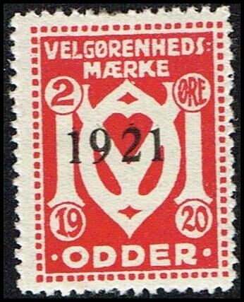 Odder Velgoerenhedsmaerke 1920 2 Oere Overprinted 1921