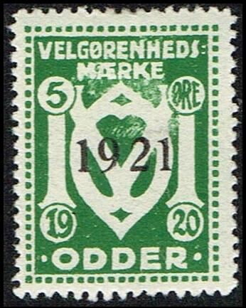 Odder Velgoerenhedsmaerke 1920 5 Oere Overprinted 1921
