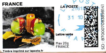 Stamp, Halloween Apples and an orange candle. Redesign, France,  , Food, Halloween, Lamps and Candles