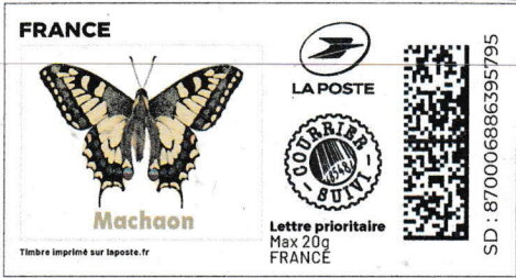 Stamp, Swallowtail Butterfly. Papillo Machaon. Redesign Courrier, France,  , Animals (Fauna), Butterflies, Insects