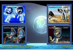 Mini Sheet, Space Cartoon _Belka and Strelka on the Moon_, Guinea,  