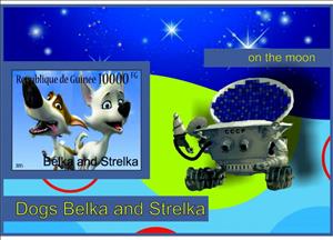 Souvenir Sheet, Space Cartoon _Belka and Strelka on the Moon_, Guinea,  