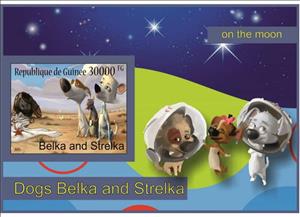 Souvenir Sheet, Space Cartoon _Belka and Strelka on the Moon_, Guinea,  