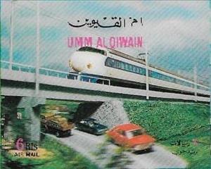 Stamp, Modern Train, Umm al-Qiwain,  , Bridges, Cars, Railways