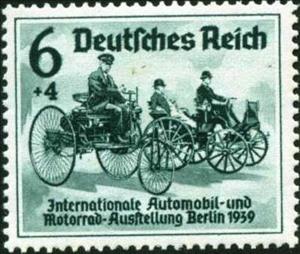 Stamp, The first cars of Benz (1885) and Daimler (1886), Austria,  , Carriages, Cars, Headgear, Vehicles