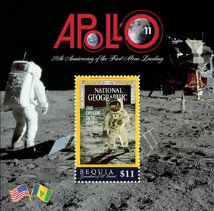 Souvenir Sheet, Apollo 11, 50th Anniversary of the First Moon Landing, Grenadines of St. Vincent, Bequia,  , Anniversaries and Jubilees, Astronauts, Famous People, Flags, Moon Landing, Space Traveling