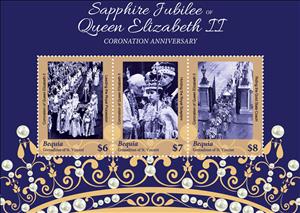 Mini Sheet, Sapphire Jubilee of Queen Elizabeth II, Grenadines of St. Vincent, Bequia,  , Anniversaries and Jubilees, Famous People, Heads of State, Queens, Royalty
