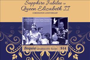Souvenir Sheet, Sapphire Jubilee of Queen Elizabeth II, Grenadines of St. Vincent, Bequia,  , Anniversaries and Jubilees, Famous People, Heads of State, Princes, Queens, Royalty