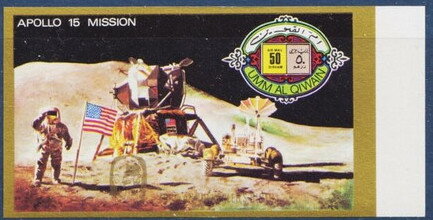 Stamp, astronaut and the U.S.A. flag, Umm al-Qiwain,  , Astronauts, Flags, Moon, Moon Landing, Outer Space, Space Traveling