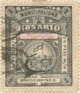 Stamp, Servicio Sanitario - Municipal coat of arms, Argentina,  , Coats of Arms, Flags, Sailing Ships, Ships, Sun