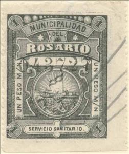 Stamp, Servicio Sanitario - Municipal coat of arms, Argentina,  , Coats of Arms, Flags, Sailing Ships, Ships, Sun