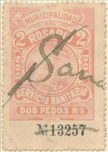 Stamp, Servicio Sanitario - Municipal coat of arms, Argentina,  , Coats of Arms, Flags, Sailing Ships, Ships, Sun