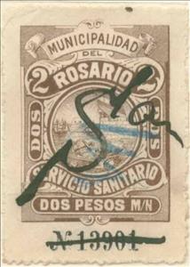 Stamp, Servicio Sanitario - Municipal coat of arms, Argentina,  , Coats of Arms, Flags, Sailing Ships, Ships, Sun