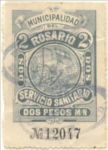 Stamp, Servicio Sanitario - Municipal coat of arms, Argentina,  , Coats of Arms, Flags, Sailing Ships, Ships, Sun