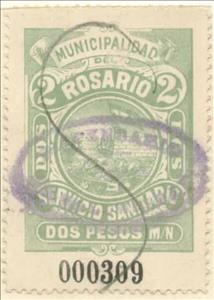Stamp, Servicio Sanitario - Municipal coat of arms, Argentina,  , Coats of Arms, Flags, Sailing Ships, Ships, Sun