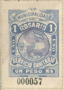 Stamp, Servicio Sanitario - Municipal coat of arms, Argentina,  , Coats of Arms, Flags, Sailing Ships, Ships, Sun
