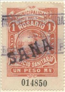 Stamp, Servicio Sanitario - Municipal coat of arms, Argentina,  , Coats of Arms, Flags, Sailing Ships, Ships, Sun