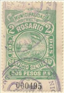 Stamp, Servicio Sanitario - Municipal coat of arms, Argentina,  , Coats of Arms, Flags, Sailing Ships, Ships, Sun