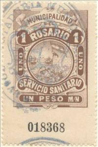 Stamp, Servicio Sanitario - Municipal coat of arms, Argentina,  , Coats of Arms, Flags, Sailing Ships, Ships, Sun