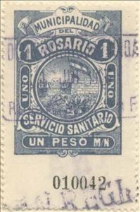 Stamp, Servicio Sanitario - Municipal coat of arms, Argentina,  , Coats of Arms, Flags, Sailing Ships, Ships, Sun