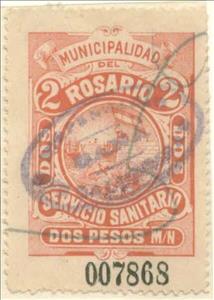 Stamp, Servicio Sanitario - Municipal coat of arms, Argentina,  , Coats of Arms, Flags, Sailing Ships, Ships, Sun