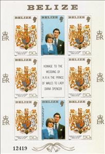 Mini Sheet, Coat of Arms of the Prince of Wales, Belize,  , Coats of Arms, Royalty, Weddings