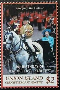 Stamp, 80th Birthday of Queen Elizabeth II, Grenadines of St. Vincent, Union Island,  , Animals (Fauna), Anniversaries and Jubilees, Heads of State, Horses, Queens, Royalty