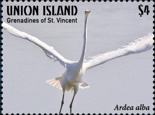 Stamp, Ardea alba, Grenadines of St. Vincent, Union Island,  , Animals (Fauna), Birds