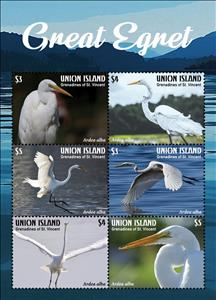 Mini Sheet, Great Egret, Grenadines of St. Vincent, Union Island,  , Animals (Fauna), Birds