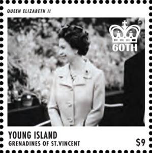 Stamp, Queen Elizabeth II, 60th Coronation Anniv., Grenadines of St. Vincent, Young Island,  , Anniversaries and Jubilees, Famous People, Heads of State, Queens, Royalty, Women