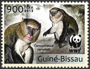 Stamp, WWF - Cercophitecus campbelli, Guinea-Bissau,  , Animals (Fauna), Mammals, Monkeys, WWF