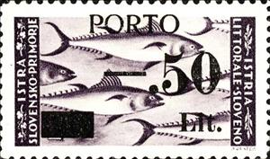 Stamp, Fishes / Overprint "PORTO" and new value, Yugoslavia, Issues for Istria and Slovene Coast,  , Animals (Fauna), Fishes, Sea Life