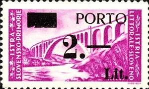 Stamp, Landscape Stamp Overprint "PORTO" and new value, Yugoslavia, Issues for Istria and Slovene Coast,  , Bridges