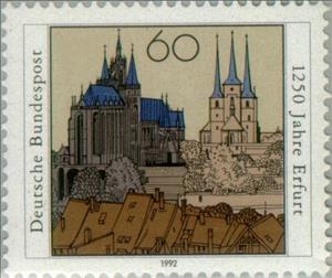 Stamp, Erfurt, Germany, Federal Republic,  , Buildings, Churches - Cathedrals - Basilicas - Chapels, Anniversaries and Jubilees