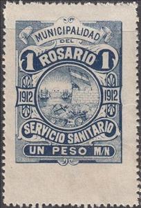 Stamp, Servicio Sanitario - Municipal coat of arms, Argentina,  , Coats of Arms, Flags, Sailing Ships, Ships, Sun
