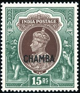 Stamp, King George V wearing Imperial Crown of India - overprinted, Chamba,  , Animals (Fauna), Crowns and Coronets, Elephants, Famous People, Heads of State, Kings, Men, Royalty