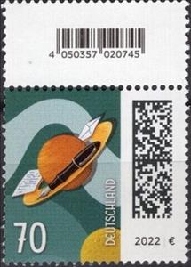 Stamp with Attached Label, Letters Around Saturn, Germany, Federal Republic,  , Letters (Mail), Outer Space, Planets