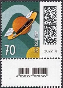 Stamp with Attached Label, Letters Around Saturn, Germany, Federal Republic,  , Letters (Mail), Outer Space, Planets