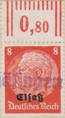 Stamp with Collectible Margin, Overprint ELSASS Over Hindenburg, France, German Occupation In WWII,  