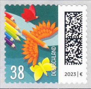 Stamp, Pencils as Birds and Butterflies, Germany, Federal Republic,  , Birds, Butterflies, Letters (Mail)