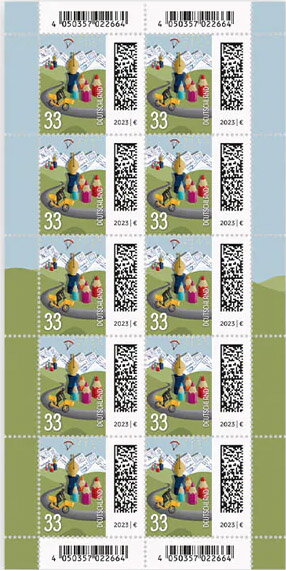 Full Pane, Pencils Forming Small Village, Germany, Federal Republic,  , Bicycles, Letters (Mail), Postmen, Stationery