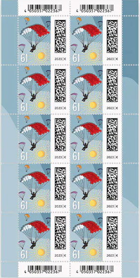 Full Pane, Postage Stamps as Parachutes, Germany, Federal Republic,  , Letters (Mail), Parachute Jumping, Sun