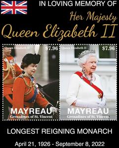Souvenir Sheet, Queen Elizabeth II, Grenadines of St. Vincent, Mayreau,  , Famous People, Heads of State, Queens, Royalty