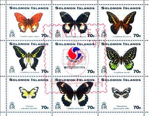Mini Sheet, Butterflies -Red Overprint SINGPEX´ 97, Solomon Islands,  , Animals (Fauna), Butterflies, Insects, Philatelic Exhibitions