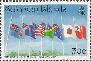 Stamp, Guadalcanal - In Memory of those who Died, Solomon Islands,  , Anniversaries and Jubilees, Flags, Second World War